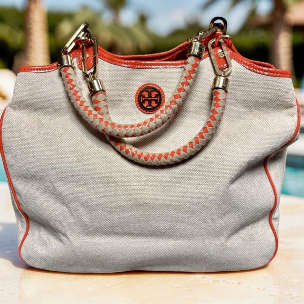 Tory Burch Climbing Rope Channing Tote Canvas Orange Trim Large Bag